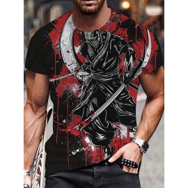 メンズ 3D サムライプリント Tシャツ、カジュアル クルーネック 半袖ティー、100% ポリエステルニットファブリック、軽いストレッチ、レギュラーフィット、夏トップ - 150gsm