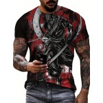 メンズ 3D サムライプリント Tシャツ、カジュアル クルーネック 半袖ティー、100% ポリエステルニットファブリック、軽いストレッチ、レギュラーフィット、夏トップ - 150gsm