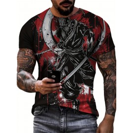 メンズ 3D サムライプリント Tシャツ、カジュアル クルーネック 半袖ティー、100% ポリエステルニットファブリック、軽いストレッチ、レギュラーフィット、夏トップ - 150gsm