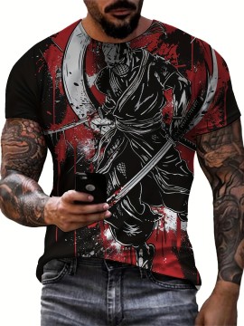 メンズ 3D サムライプリント Tシャツ、カジュアル クルーネック 半袖ティー、100% ポリエステルニットファブリック、軽いストレッチ、レギュラーフィット、夏トップ - 150gsm