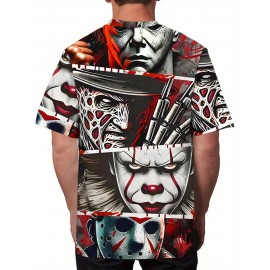 メンズ エッジの効いたピエロ＆スカル グラフィックTシャツ - カジュアル ポリエステルブレンド、半袖、ラウンドネック ティー、3Dデジタルプリント、洗濯機可、スカルTシャツ