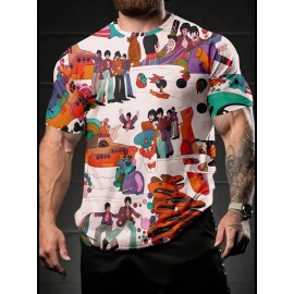 メンズ レトロコミック 3Dプリント 半袖 クルーネック Tシャツ - 鮮やかなサイケデリックデザイン、軽量＆快適な夏用カジュアルトップ、ランダムカラフルパターン、アウトドア楽しみに最適