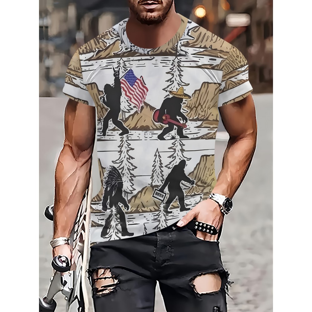 1枚のメンズノベルティTシャツ、カジュアルなクルーネック、わずかに伸縮性のあるポリエステルニット生地、ユニークなプリント柄デザイン 1枚のメンズノベルティTシャツ、カジュアルなクルーネック、わずかに伸縮性のあるポリエステルニット生地、ユニークなプリント柄デザイン