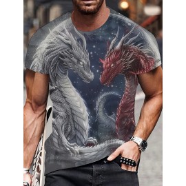 メンズカジュアルクルーネックTシャツ、3Dデュアルドラゴンスターキュープリント、通気性ポリエステルニット、レギュラーフィット、日常外出着用に洗濯機洗い可能