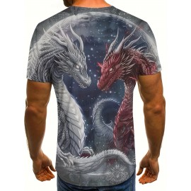 メンズカジュアルクルーネックTシャツ、3Dデュアルドラゴンスターキュープリント、通気性ポリエステルニット、レギュラーフィット、日常外出着用に洗濯機洗い可能
