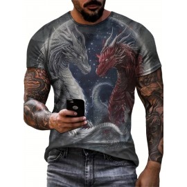 メンズカジュアルクルーネックTシャツ、3Dデュアルドラゴンスターキュープリント、通気性ポリエステルニット、レギュラーフィット、日常外出着用に洗濯機洗い可能