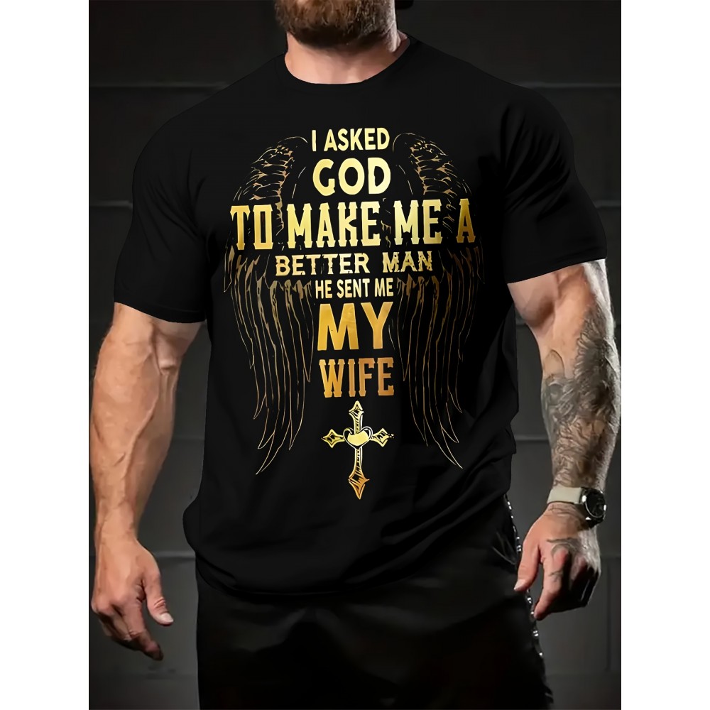 翼と文字の3Dプリントパターン、クールカジュアルスタイル、成熟した男性向け半袖Tシャツ 翼と文字の3Dプリントパターン、クールカジュアルスタイル、成熟した男性向け半袖Tシャツ
