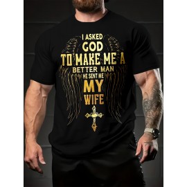 翼と文字の3Dプリントパターン、クールカジュアルスタイル、成熟した男性向け半袖Tシャツ
