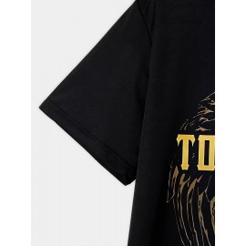 翼と文字の3Dプリントパターン、クールカジュアルスタイル、成熟した男性向け半袖Tシャツ