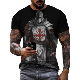 メンズ半袖ラウンドネックTシャツ、3Dプリントサムライデザイン、アニメスタイル、カジュアルな夏の着用や休暇に最適。