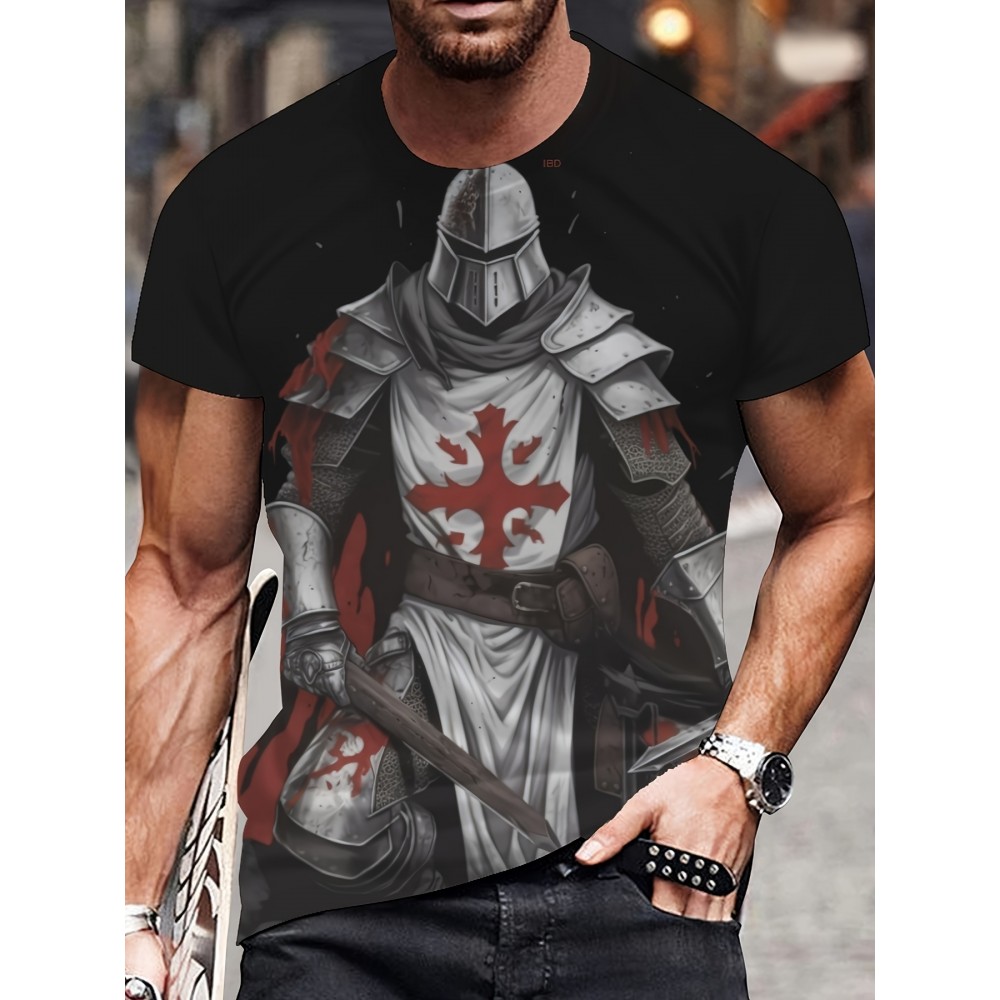 メンズ半袖ラウンドネックTシャツ、3Dプリントサムライデザイン、アニメスタイル、カジュアルな夏の着用や休暇に最適。 メンズ半袖ラウンドネックTシャツ、3Dプリントサムライデザイン、アニメスタイル、カジュアルな夏の着用や休暇に最適。