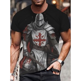 メンズ半袖ラウンドネックTシャツ、3Dプリントサムライデザイン、アニメスタイル、カジュアルな夏の着用や休暇に最適。