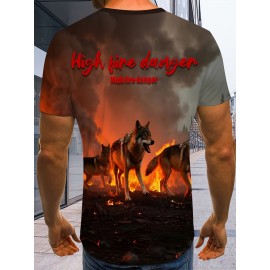 3Dプリンタで作られた狼が火災から逃げるシーン、メンズグラフィックデザインクルーネックアクティブTシャツ、夏のカジュアルで快適なTシャツ、メンズトップデイリーギムワークアウトとランニング用。