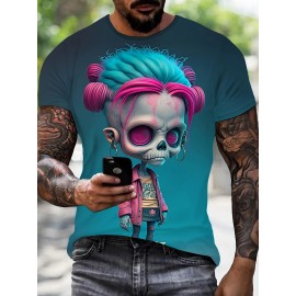 メンズ カラフルスカルグラフィックTシャツ - 3Dデジタルプリント、伸縮性と快適なカジュアル半袖シャツ、アウトドア活動用