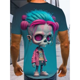 メンズ カラフルスカルグラフィックTシャツ - 3Dデジタルプリント、伸縮性と快適なカジュアル半袖シャツ、アウトドア活動用