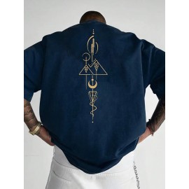 Shule Water OBM メンズ ネイビーブルー 幾何学プリント ルーズフィットTシャツ - カジュアル半袖ラウンドネックトップ、ゴールデンアブストラクトデザイン、カジュアルな服装に適したオールシーズンベーサタイルシャツ、多用途衣類 | アブストラクトデザインシャツ | 微妙なゴールドのアクセント