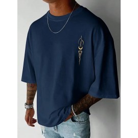 Shule Water OBM メンズ ネイビーブルー 幾何学プリント ルーズフィットTシャツ - カジュアル半袖ラウンドネックトップ、ゴールデンアブストラクトデザイン、カジュアルな服装に適したオールシーズンベーサタイルシャツ、多用途衣類 | アブストラクトデザインシャツ | 微妙なゴールドのアクセント