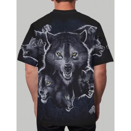 メンズ3DウルフプリントTシャツ - クールなストリートウェアスタイル、クルーネック、半袖、ポリエステル100%ニット生地、洗濯機可 - スポーツ、パーティー、ビーチ＆アウトドア活動に最適