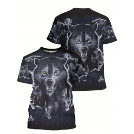 メンズ3DウルフプリントTシャツ - クールなストリートウェアスタイル、クルーネック、半袖、ポリエステル100%ニット生地、洗濯機可 - スポーツ、パーティー、ビーチ＆アウトドア活動に最適