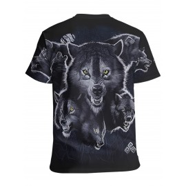 メンズ3DウルフプリントTシャツ - クールなストリートウェアスタイル、クルーネック、半袖、ポリエステル100%ニット生地、洗濯機可 - スポーツ、パーティー、ビーチ＆アウトドア活動に最適
