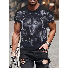 メンズ3DウルフプリントTシャツ - クールなストリートウェアスタイル、クルーネック、半袖、ポリエステル100%ニット生地、洗濯機可 - スポーツ、パーティー、ビーチ＆アウトドア活動に最適
