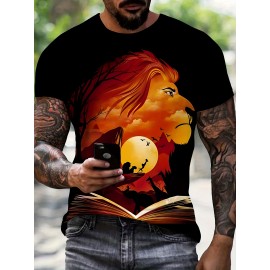 メンズ ブラック Tシャツ、生産性のあるライオン＆本のページデザイン - 3D ライオンプリント、通気性のあるポリエステル生地、ラウンドネック、カジュアルスタイル、洗濯機洗い可能、屋内外活動のための毎日の快適さ、屋外カジュアルウェア | 生産性のあるライオンプリント | 快適なフィット、ライオンプリントシャツ、ニット