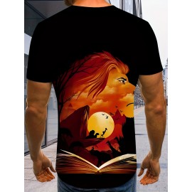 メンズ ブラック Tシャツ、生産性のあるライオン＆本のページデザイン - 3D ライオンプリント、通気性のあるポリエステル生地、ラウンドネック、カジュアルスタイル、洗濯機洗い可能、屋内外活動のための毎日の快適さ、屋外カジュアルウェア | 生産性のあるライオンプリント | 快適なフィット、ライオンプリントシャツ、ニット