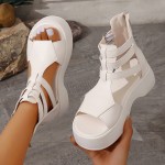 女性用の白いプラットフォームウェッジサンダル - 大きなサイズ、オープントゥ、ジッパー付き、フェイクカバー、カジュアルな着用に快適な太めのヒール