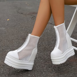 女性用通気性メッシュアンクルブーツ、夏の薄いハイヒールプラットフォームサンダル、ソリッドカラーのジッパーラウンドトゥ、上下の素材、PUソール、トレンディなホワイトマーズボートスタイル