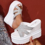 夏新コレクション - 20cmの高さの女性用プラットフォームスリッパ、韓国スタイルの多用途、ハイヒールフィッシュマウスサンダル、白いリナストンストーンアクセント、オープントゥデザイン、快適なPUソール、カジュアルな場面やフォーマルな場面に最適、カジュアルな履物 | リナストンストーンアクセントサンダル | 快適な履物