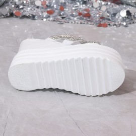 夏新コレクション - 20cmの高さの女性用プラットフォームスリッパ、韓国スタイルの多用途、ハイヒールフィッシュマウスサンダル、白いリナストンストーンアクセント、オープントゥデザイン、快適なPUソール、カジュアルな場面やフォーマルな場面に最適、カジュアルな履物 | リナストンストーンアクセントサンダル | 快適な履物