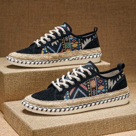 メンズ トレンディ エスニック スタイル ロートップ スケートボード シューズ、快適で滑りにくく通気性のあるレースアップ スニーカー、メンズ アウトドア アクティビティ用