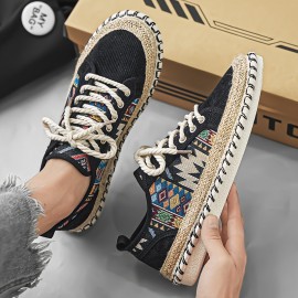 メンズ トレンディ エスニック スタイル ロートップ スケートボード シューズ、快適で滑りにくく通気性のあるレースアップ スニーカー、メンズ アウトドア アクティビティ用