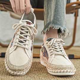 メンズ トレンディ エスニック スタイル ロートップ スケートボード シューズ、快適で滑りにくく通気性のあるレースアップ スニーカー、メンズ アウトドア アクティビティ用