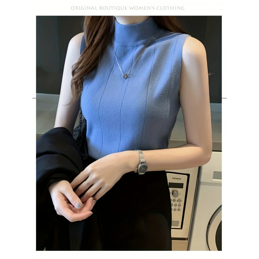 レディース スリムフィット ノースリーブ ニットベスト - ハーフハイカラー ストレッチ レイヤリング トップ、春/夏用 通気性Hシルエットデザイン、無地 カジュアルからドレスアップまで、レディースニットベスト レディース スリムフィット ノースリーブ ニットベスト - ハーフハイカラー ストレッチ レイヤリング トップ、春/夏用 通気性Hシルエットデザイン、無地 カジュアルからドレスアップまで、レディースニットベスト