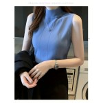 レディース スリムフィット ノースリーブ ニットベスト - ハーフハイカラー ストレッチ レイヤリング トップ、春/夏用 通気性Hシルエットデザイン、無地 カジュアルからドレスアップまで、レディースニットベスト