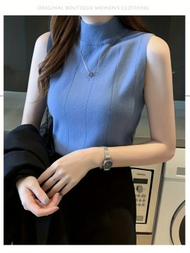 レディース スリムフィット ノースリーブ ニットベスト - ハーフハイカラー ストレッチ レイヤリング トップ、春/夏用 通気性Hシルエットデザイン、無地 カジュアルからドレスアップまで、レディースニットベスト