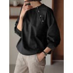 女性用カジュアル長袖Tシャツ ボタンディテール付き - 無地、クルーネック、軽量＆通気性、秋に最適、洗濯機可、カジュアルウェア | 無地トップス | 生地、レディースTシャツ
