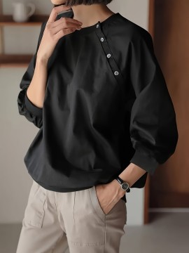 女性用カジュアル長袖Tシャツ ボタンディテール付き - 無地、クルーネック、軽量&通気性、秋に最適、洗濯機可、カジュアルウェア | 無地トップス | 生地、レディースTシャツ