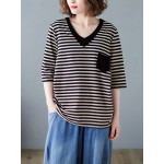 女性用カジュアルVネックストライプTシャツ ポケット付き - ルーズフィット、半袖、ポリエステル混紡、洗濯機可 - グリーン＆ホワイト
