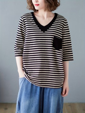 女性用カジュアルVネックストライプTシャツ ポケット付き - ルーズフィット、半袖、ポリエステル混紡、洗濯機可 - グリーン&ホワイト