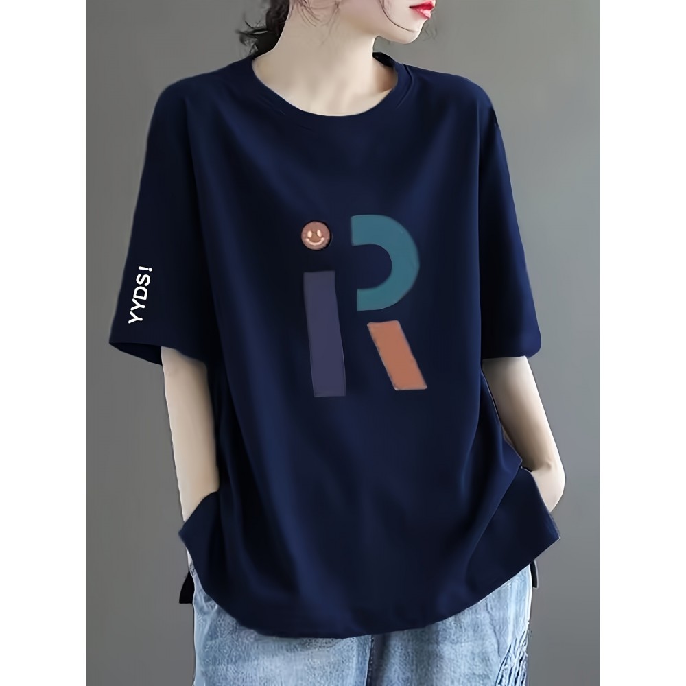 レディース ネイビーブルー 半袖Tシャツ - サマーコレクション、ゆったりフィット カジュアルトップス 抽象文字プリント ラウンドネック 軽量＆通気性生地
