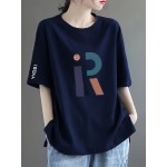レディース ネイビーブルー 半袖Tシャツ - サマーコレクション、ゆったりフィット カジュアルトップス 抽象文字プリント ラウンドネック 軽量＆通気性生地