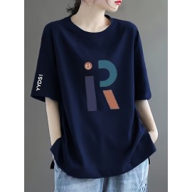 レディース ネイビーブルー 半袖Tシャツ - サマーコレクション、ゆったりフィット カジュアルトップス 抽象文字プリント ラウンドネック 軽量＆通気性生地