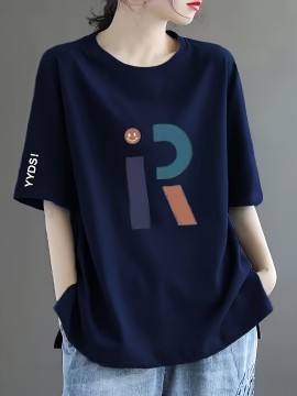 レディース ネイビーブルー 半袖Tシャツ - サマーコレクション、ゆったりフィット カジュアルトップス 抽象文字プリント ラウンドネック 軽量&通気性生地