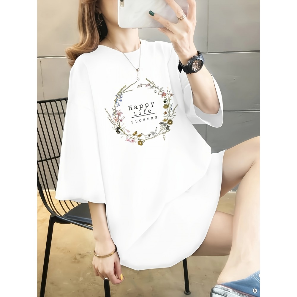 イディユアンワン レディース プラスサイズ オーバーサイズ 100％Tシャツ - アニメフローラルグラフィックプリント、ドロップショルダー リラックスフィット、軽量通気性サマーカジュアルトップ、洗濯機可