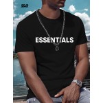 ESSENTIALS メンズ カジュアル グラフィックTシャツ - 大胆な英語プリント、黒地に白文字、レギュラーフィット ラウンドネック、洗濯機可 夏のアウトドア＆カジュアル服装必需品