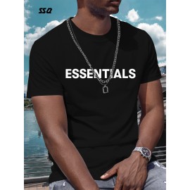 ESSENTIALS メンズ カジュアル グラフィックTシャツ - 大胆な英語プリント、黒地に白文字、レギュラーフィット ラウンドネック、洗濯機可 夏のアウトドア＆カジュアル服装必需品