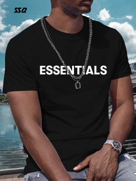 ESSENTIALS メンズ カジュアル グラフィックTシャツ - 大胆な英語プリント、黒地に白文字、レギュラーフィット ラウンドネック、洗濯機可 夏のアウトドア&カジュアル服装必需品