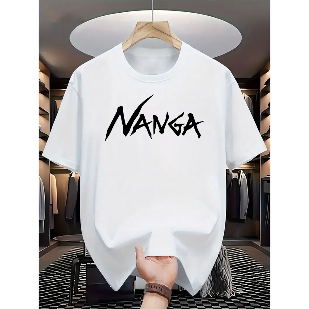 メンズ ブラック カジュアル レタープリントTシャツ - クルーネック、半袖、ストレッチニット生地、「NANGA」デザインの夏のファッショントップ、透けない素材